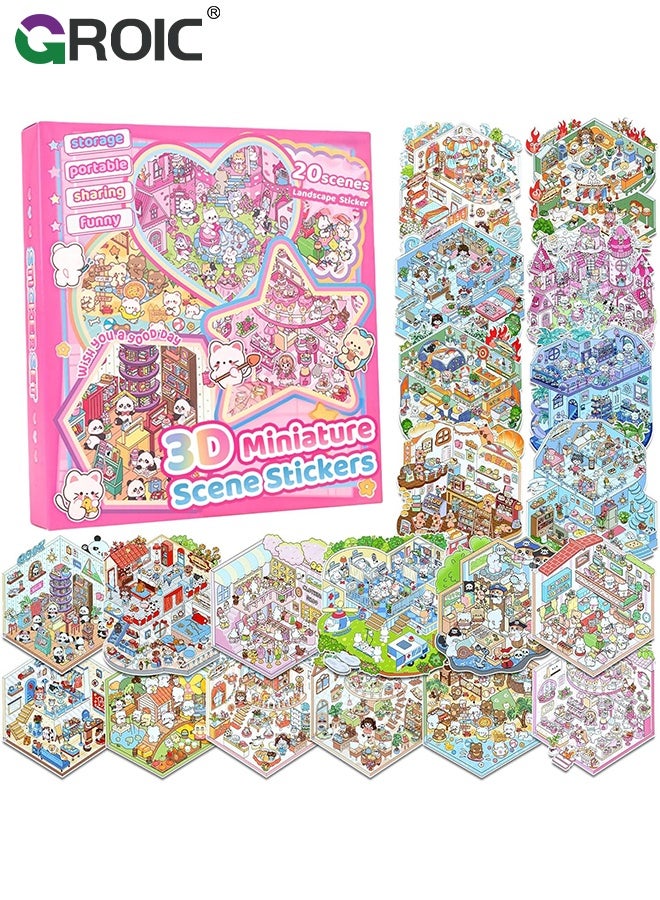 GROIC 20 Sets 3D Sticker Scen, Scene Sticker Book for Adult Kids for Relief Stress Pass The Time, Make Your Own Cute 3D Miniature Stickers Scene Sticker, Build Decorative Miniature House, Landscape Scenes - Image 1